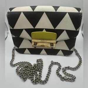 Furla Metropolis Small Black White Crossbody Bag With Chain Pre Owned